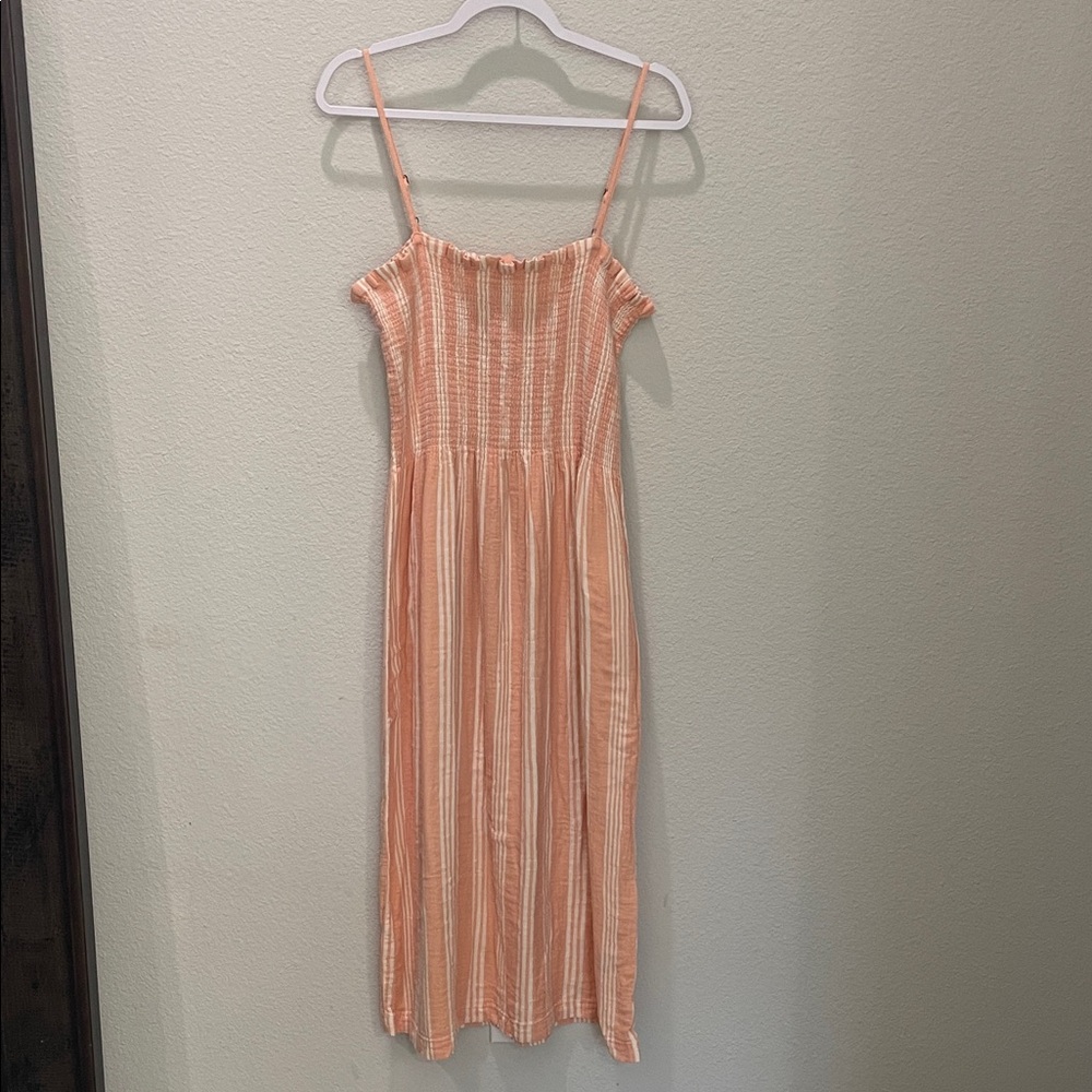 Faherty Striped Peach Smocked Midi Dress EUC Size Large